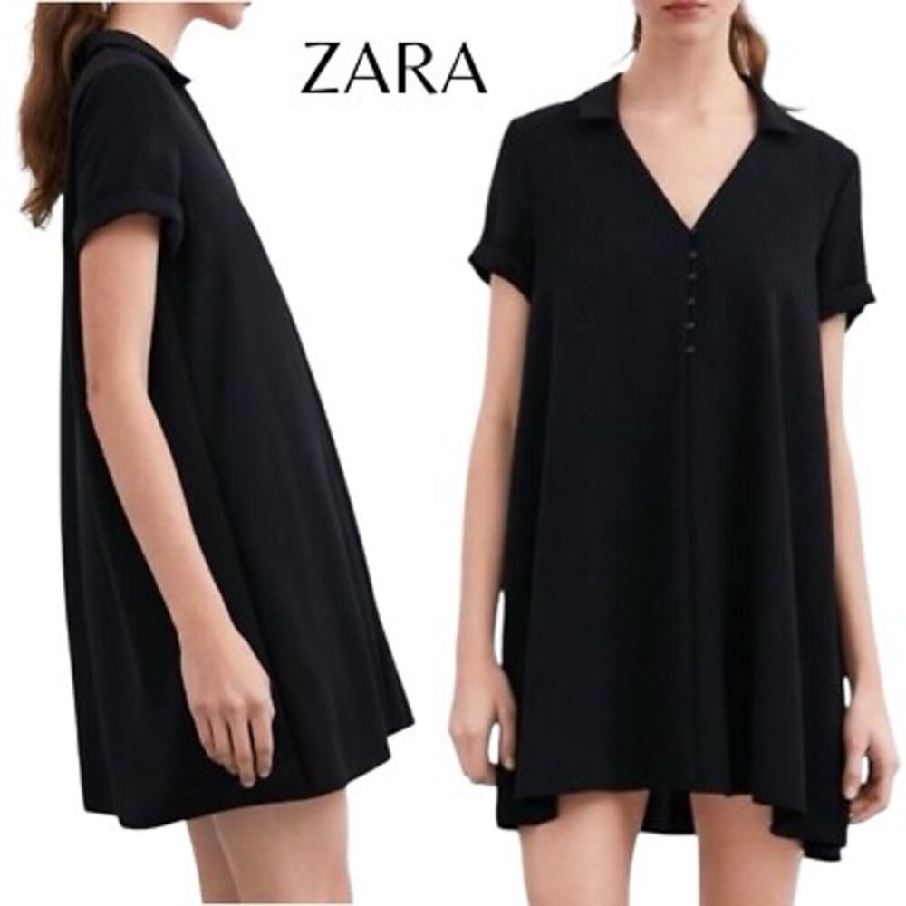 Zara Black Short Sleeve V-Neck Collared Boxy Shirt Dress Size M